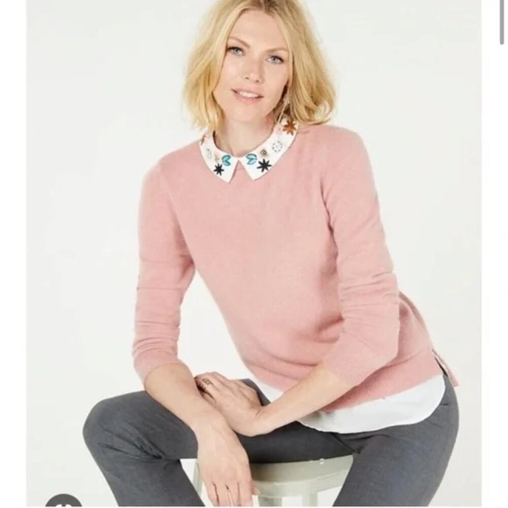 Charter Club Cashmere Embroidered Collared Twofer Sweater Size NWT